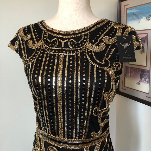 Black Gold Sequin Fringe Dress M Dance Party NYE Gatsby 1920 Flapper Costume NEW - Picture 3 of 13